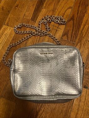 Victoria's Secret Metallic Silver Textured Crossbody with Chain Strap